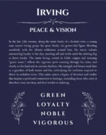 Irving name origin print with meaning and traits in navy blue