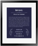 Irving name origin print with meaning and traits in navy blue with black matte frame
