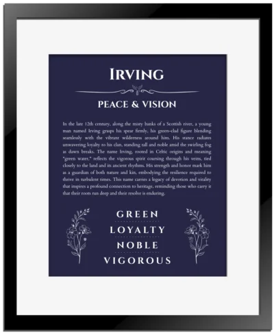 Irving name origin print with meaning and traits in navy blue with black matte frame