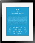 Isa custom name art showing meaning and origin in blue with black matte frame