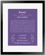 Isaac custom name art showing meaning and origin in purple with black matte frame