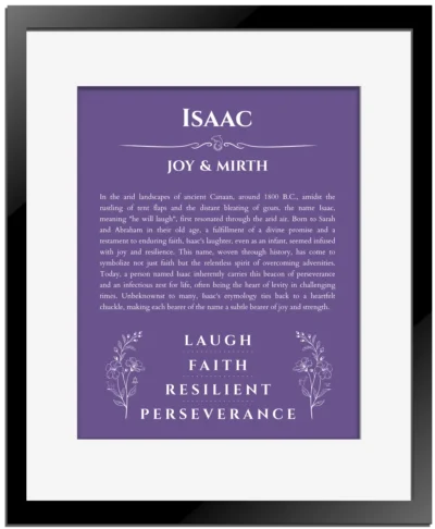Isaac custom name art showing meaning and origin in purple with black matte frame