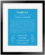 Isabella personalized name art with origin story in blue with black matte frame