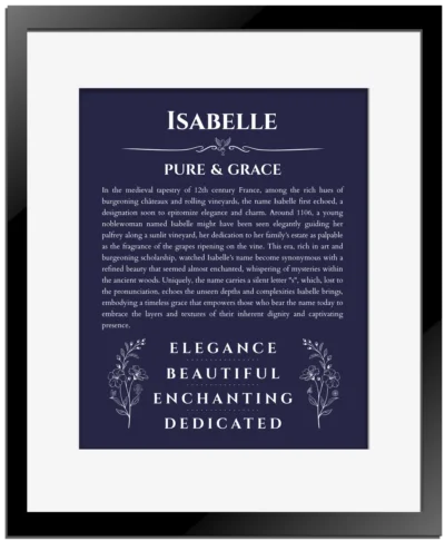 Isabelle name origin print with meaning and traits in navy blue with black matte frame