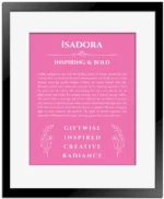Isadora personalized wall art with the story of your name in pink with black matte frame