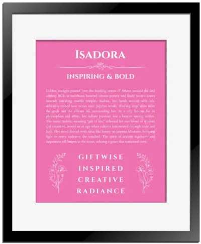 Isadora personalized wall art with the story of your name in pink with black matte frame