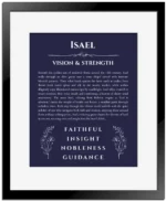 Isael personalized name art with origin story in navy blue with black matte frame