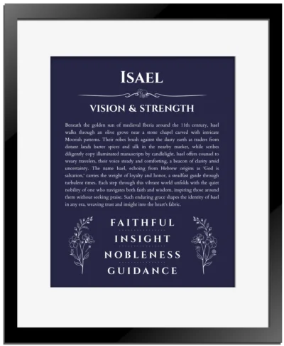 Isael personalized name art with origin story in navy blue with black matte frame
