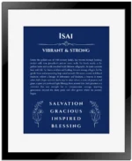 Isai custom name print for wall display in deep blue with black matte frame