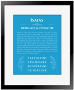 Isaias personalized name art with origin story in blue with black matte frame