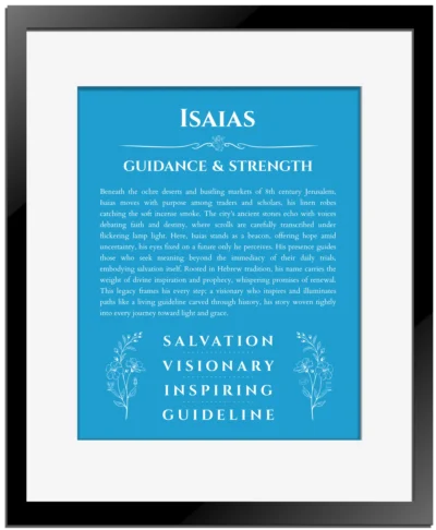 Isaias personalized name art with origin story in blue with black matte frame