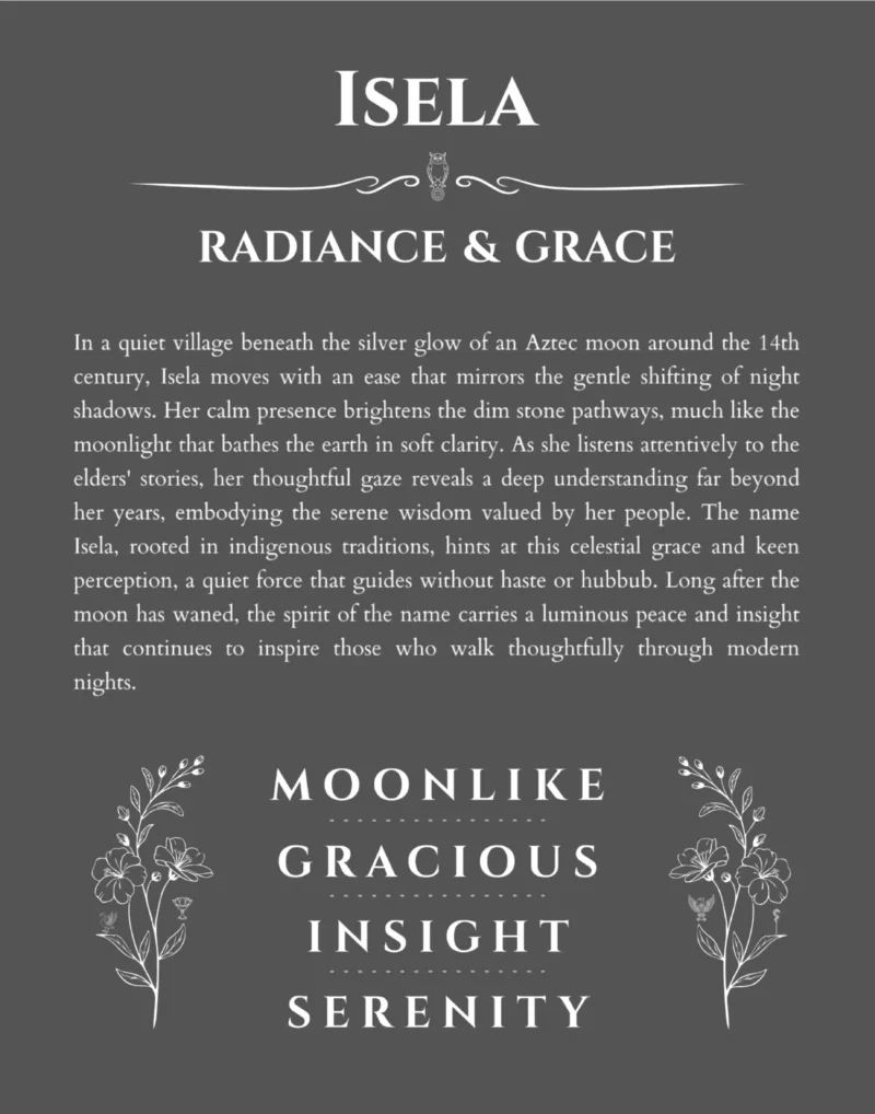Isela custom name art showing meaning and origin in gray