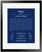 Isha custom name art showing meaning and origin in deep blue with black matte frame