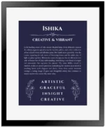 Ishika custom name meaning print in navy blue with black matte frame