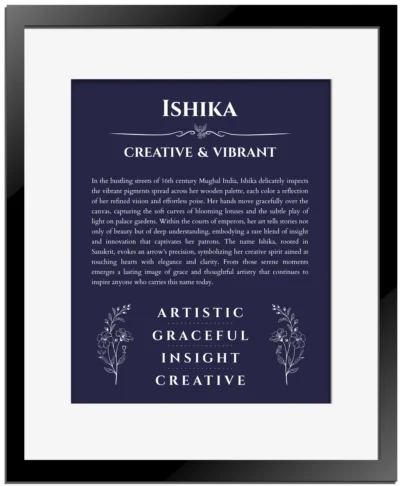 Ishika custom name meaning print in navy blue with black matte frame