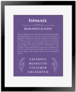 Ishmael personalized name print with origin and traits in purple with black matte frame