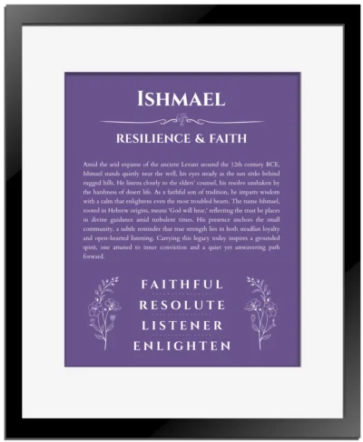 Ishmael personalized name print with origin and traits in purple with black matte frame