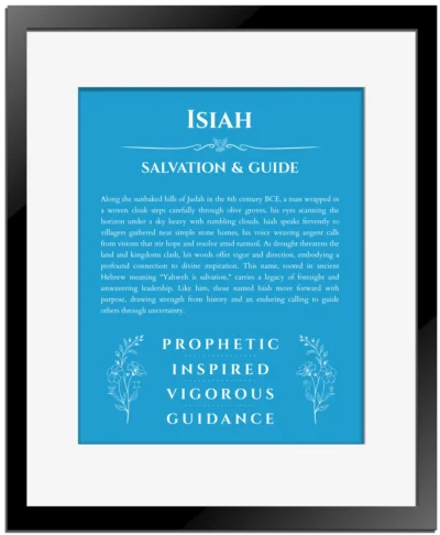 Isiah custom name print for wall display in blue with black matte frame