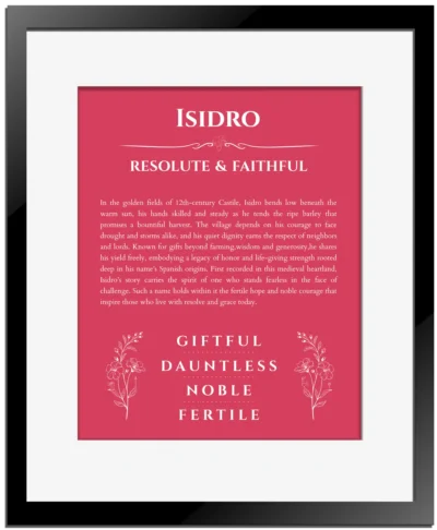 Isidro custom name print for wall display in red with black matte frame