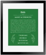 Isis custom name art showing meaning and origin in dark green with black matte frame