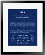 Isla personalized name print with origin and traits in deep blue with black matte frame