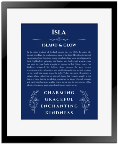 Isla personalized name print with origin and traits in deep blue with black matte frame