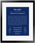 Island personalized wall art with the story of your name in deep blue with black matte frame