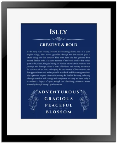 Isley custom name print for wall display in deep blue with black matte frame