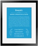 Ismael name origin print with meaning and traits in blue with black matte frame