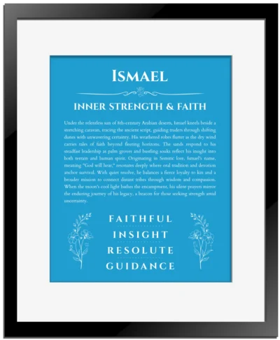 Ismael name origin print with meaning and traits in blue with black matte frame