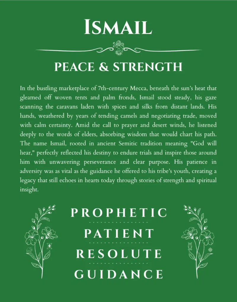 Ismail custom name art showing meaning and origin in dark green
