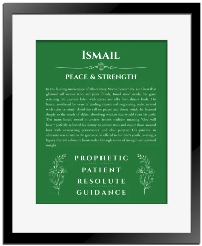 Ismail custom name art showing meaning and origin in dark green with black matte frame