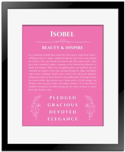 Isobel name meaning wall art by Get Your Story in pink with black matte frame