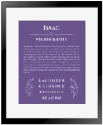 Issac personalized wall art with the story of your name in purple with black matte frame