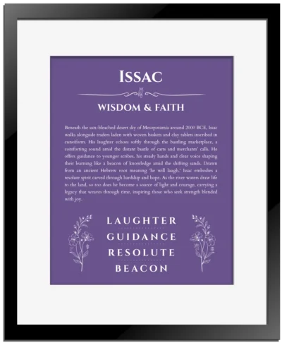 Issac personalized wall art with the story of your name in purple with black matte frame