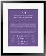Italy personalized name meaning print in purple with black matte frame