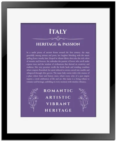 Italy personalized name meaning print in purple with black matte frame