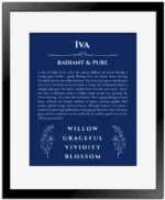 Iva personalized name art with origin story in deep blue with black matte frame