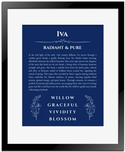 Iva personalized name art with origin story in deep blue with black matte frame