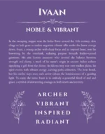 Ivaan personalized name print with origin and traits in purple