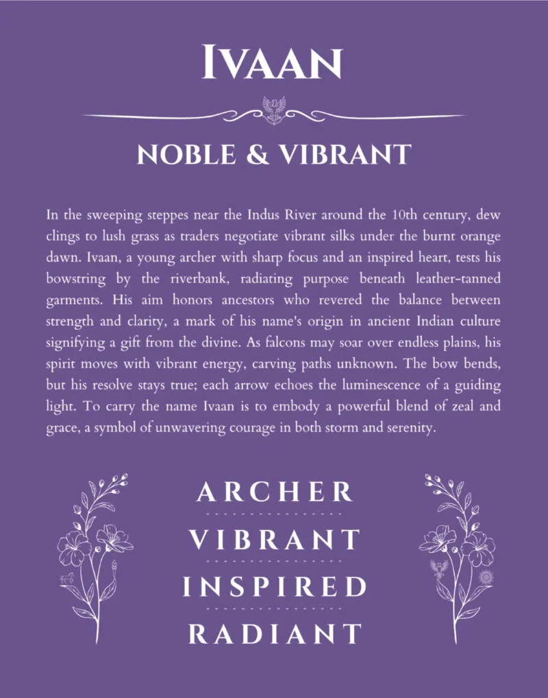 Ivaan personalized name print with origin and traits in purple