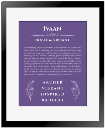 Ivaan personalized name print with origin and traits in purple with black matte frame