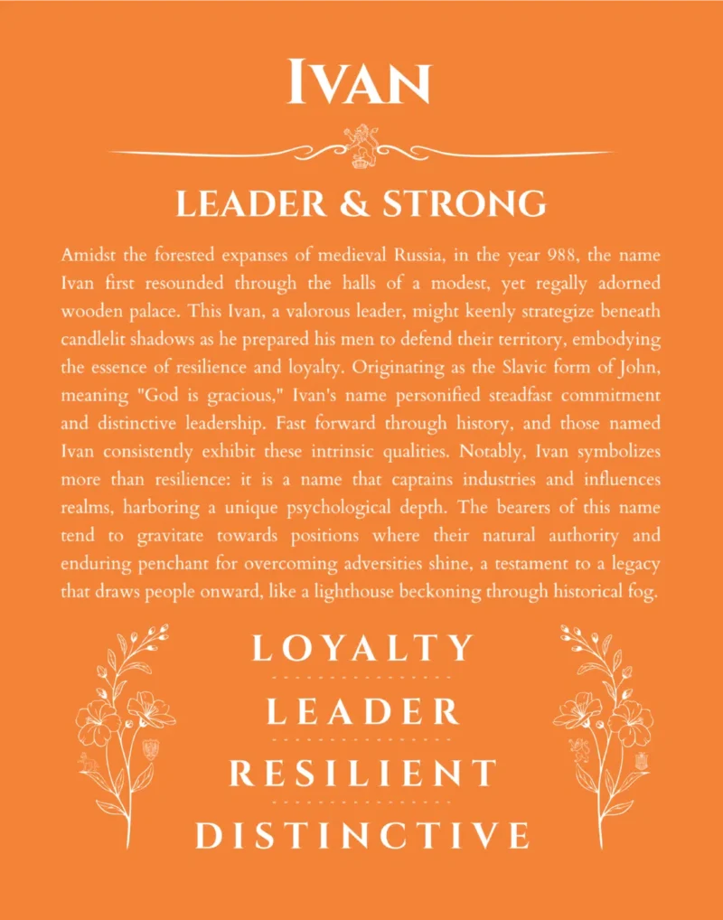 Ivan name origin print with meaning and traits in orange