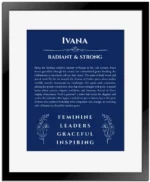 Ivana name meaning gift print in deep blue with black matte frame