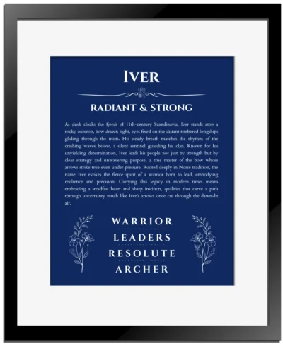 Iver custom name meaning print in deep blue with black matte frame