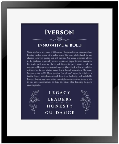 Iverson name meaning wall art by Get Your Story in navy blue with black matte frame