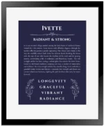 Ivette personalized name meaning print in navy blue with black matte frame