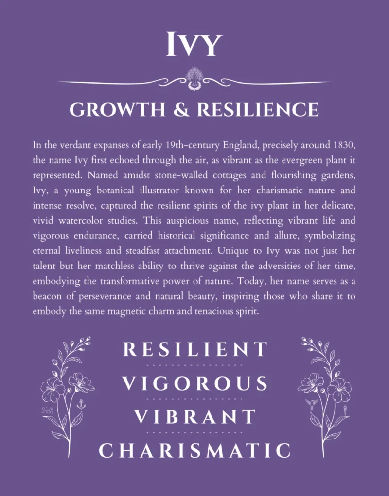 Ivy name origin print with meaning and traits in purple