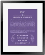 Ivy name origin print with meaning and traits in purple with black matte frame