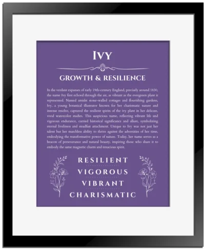 Ivy name origin print with meaning and traits in purple with black matte frame
